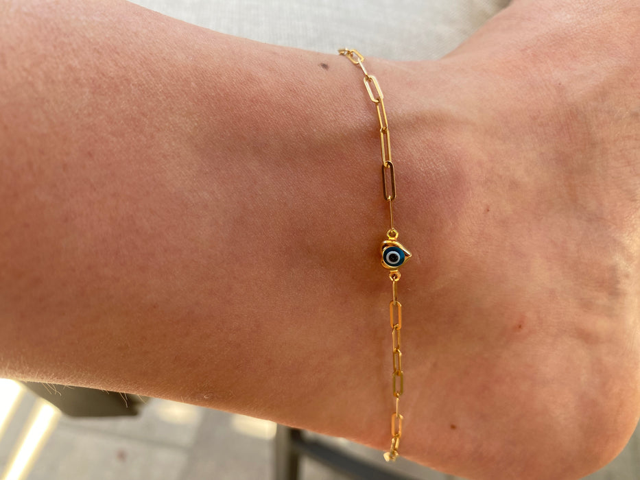 14K Gold Paperclip Evil Eye Heart Anklet