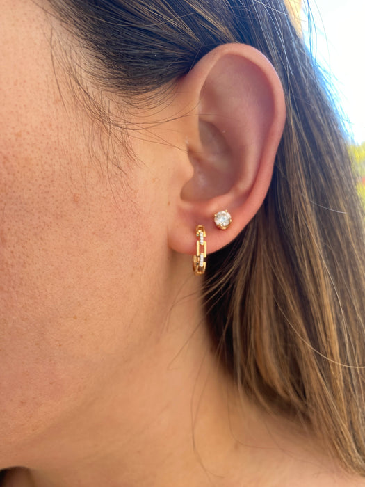 14k Gold Diamond Link Huggie Earrings