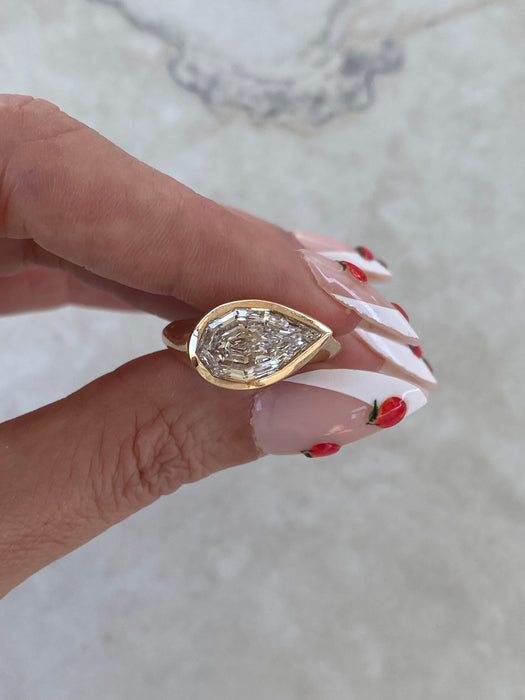 14K Gold 3.31 Carat East-West Step-Cut Pear Lab Diamond Ring