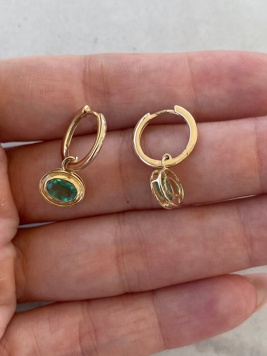 14K Gold Natural Emerald Huggie Earrings with Double Bezel Charms