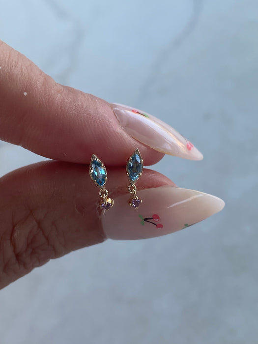 14K Gold Blue Topaz & Amethyst Flat Back Screw-On Stud Single Earring