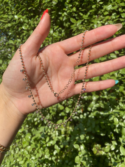 14k bead necklace with bezel set diamond charms