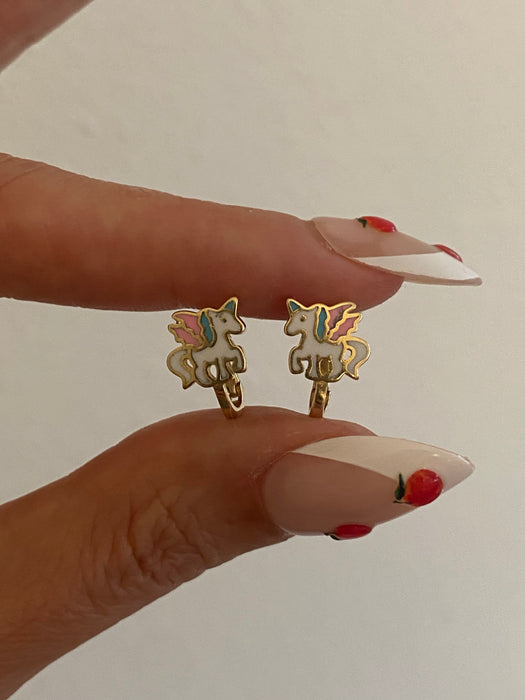 14K Gold Enamel Unicorn Huggie Earrings