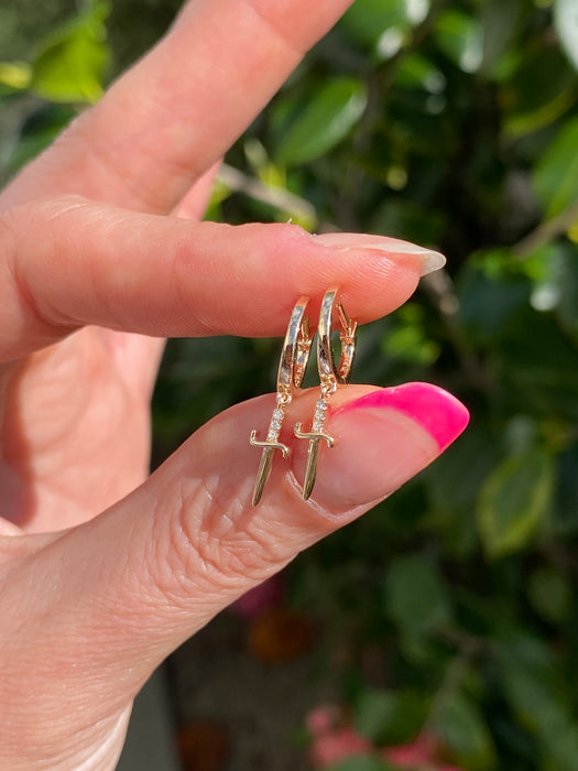 14K Natural Diamond Dagger Sword Huggie Earrings