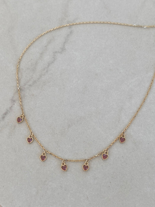 14K Garnet Heart Charm Station Necklace