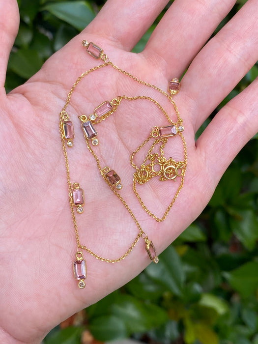 18K Gold Pink Tourmaline & Diamond Station Necklace