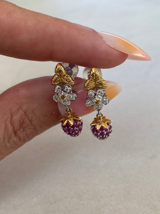 Vintage 18K Two-Tone Ruby, Sapphire & Diamond Strawberry Drop Earrings