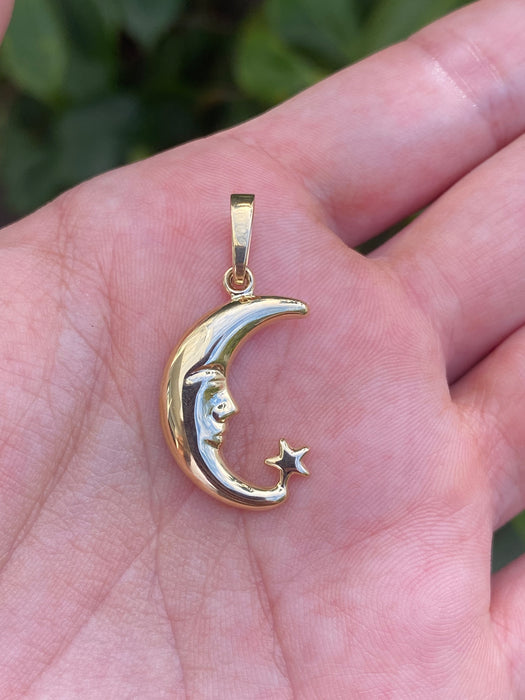 14k puffy moon with star charm pendant