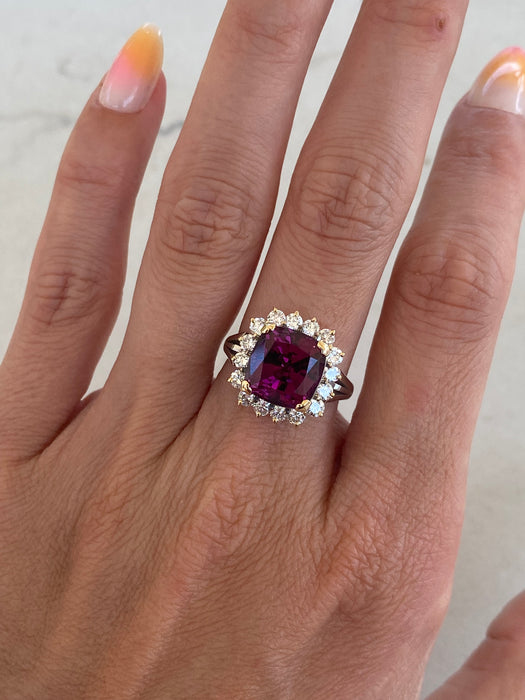 Vintage 18K & Platinum 900 Cushion-Cut Rhodolite Garnet & Diamond Ring