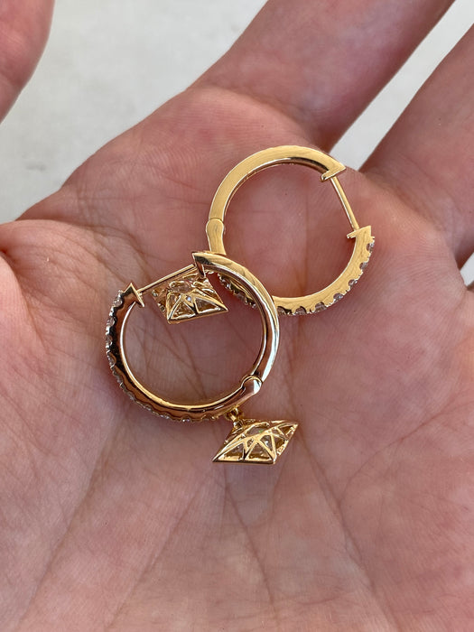 14K Gold Lab Diamond Lozenge Charm Hoop Earrings