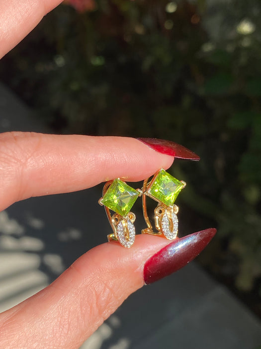 Vintage 14k Gold Peridot and Diamond Omega Back Earrings | Princess Cut Peridot