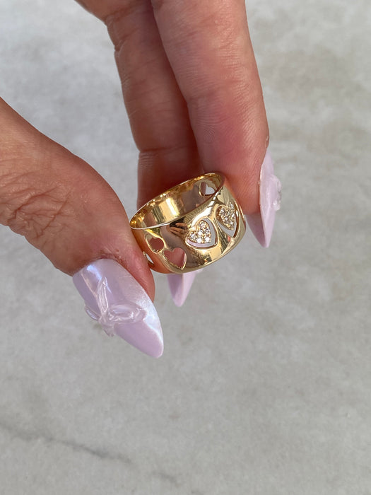 14K Gold Cigar Band Heart Cut Out Diamond Ring