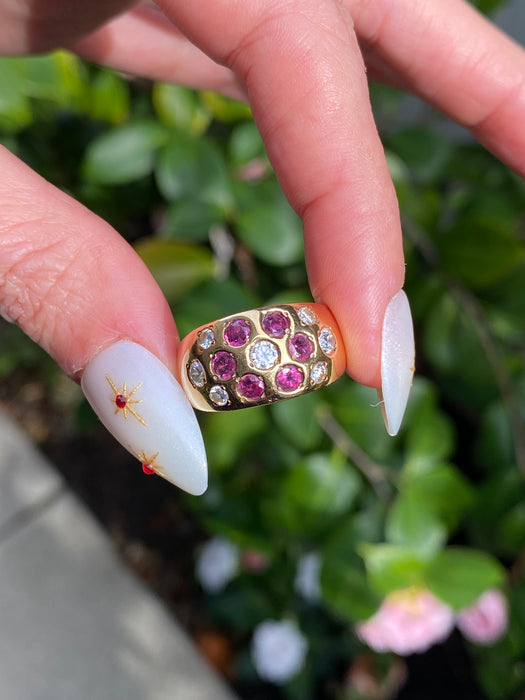 Vintage 18K Ruby and Diamond Flower Ring – Flush Set – 0.80 TCW Rubies – Size 6