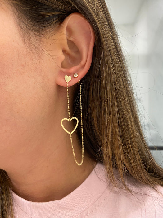 14K Yellow Gold Heart Chain Drop Earrings