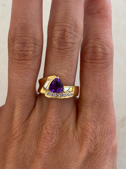 Vintage 14K Gold Trillion Amethyst Diamond Ring – Size 6.5
