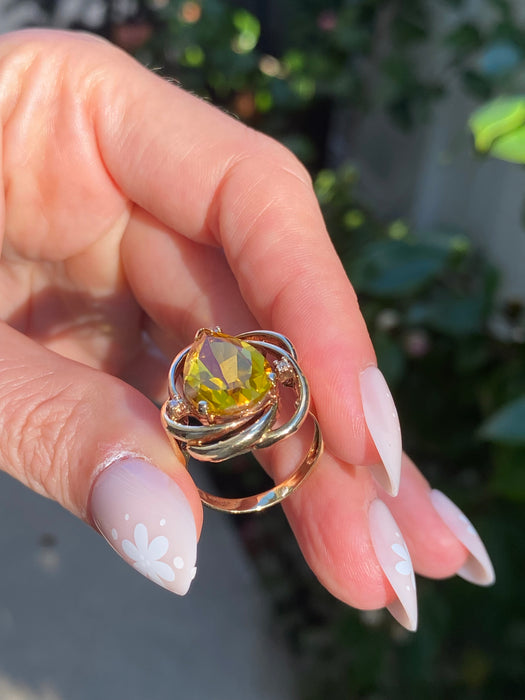 Vintage 14K Gold Pear Citrine & Diamond Ring