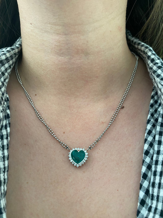 Platinum 850 bezel set 3.5 carat emerald heart and diamond bead necklace