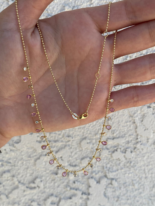 14k bead bezel set pink sapphire diamond necklace