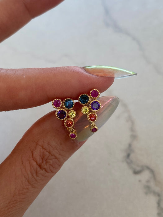 14K Natural Rainbow Gemstone Cluster Stud Earrings