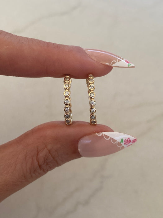 14K Gold Bezel Set Natural Diamond Huggie Hoop Earrings