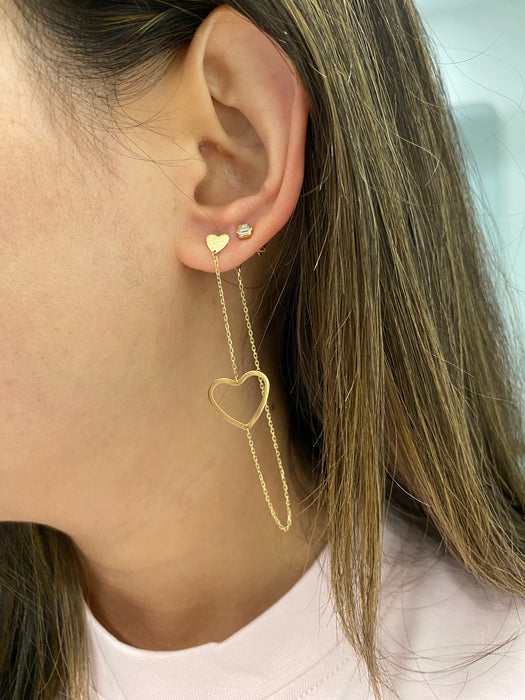 14K Yellow Gold Heart Chain Drop Earrings