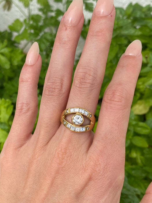 Vintage 18K Gold Diamond Ring – Bezel Set Center with Step Cut Diamonds – 1.38 TCW Natural Diamonds – Size 6