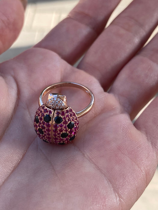 18K Rose Gold Ladybug Garnet, Ruby & Diamond Ring