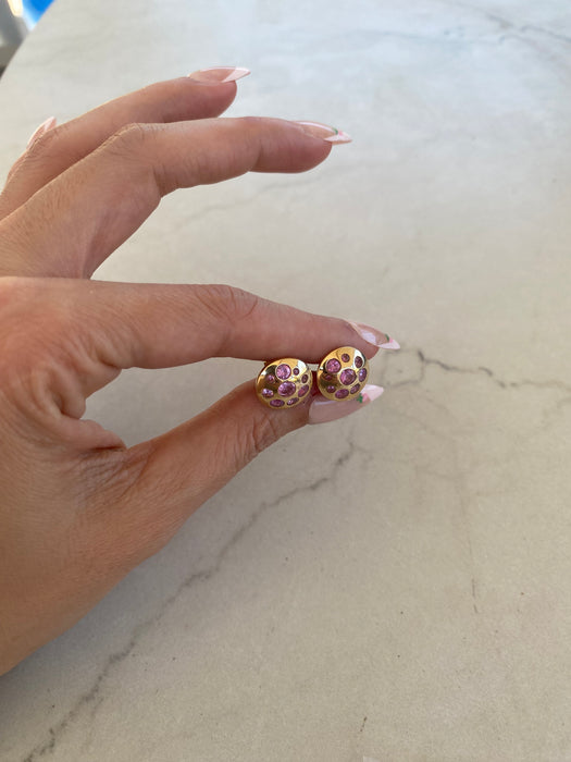14K Gold Pink Flush Set Button Sapphire Stud Earrings