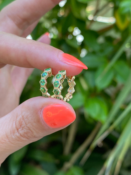 14K Gold Hexagon Tsavorite Garnet Huggie Earrings
