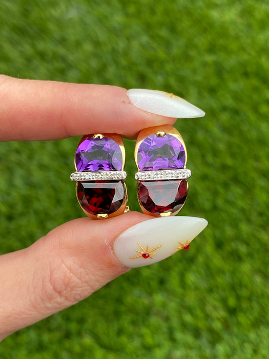 Vintage 14k Gold Amethyst & Garnet Moon Cut Diamond Earrings