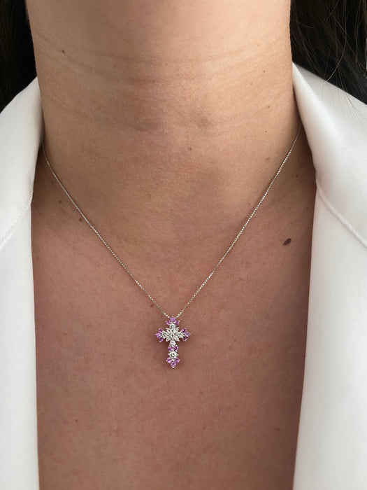 18k white gold pink sapphire diamond cross necklace