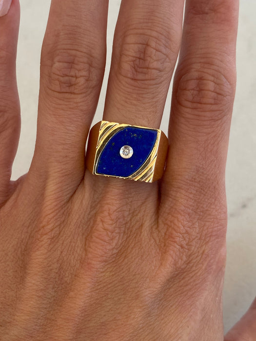 Vintage 14K Gold Lapis Lazuli Signet Ring with Diamond Center – Size 9.75