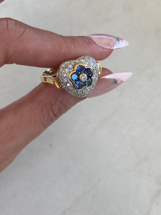 Vintage 18K Gold & Platinum Diamond and Blue Sapphire Flower Heart Ring