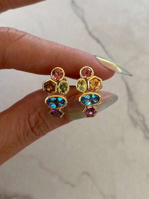 18K Yellow Gold Natural Rainbow Gemstone Bezel-Set J Hoop Earrings