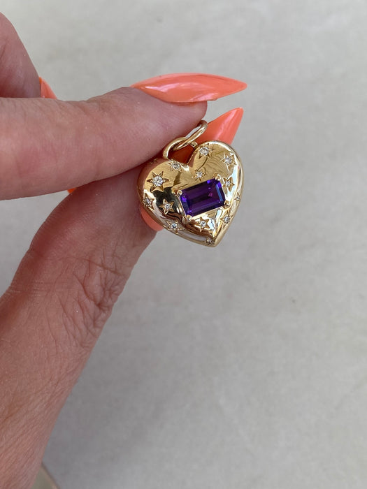 14K Gold Heart Charm with Diamond Star Accents & East–West Amethyst Charm