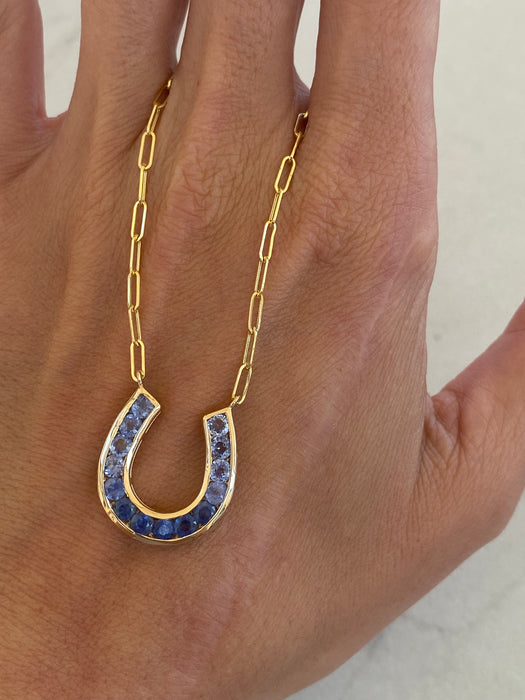14K Gold Blue Sapphire Ombre Horseshoe Paperclip Necklace