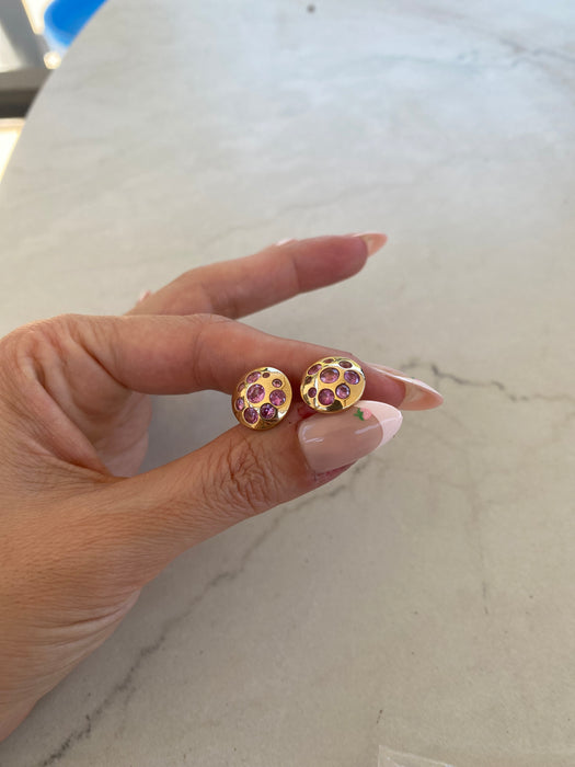 14K Gold Pink Flush Set Button Sapphire Stud Earrings