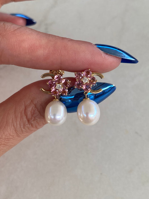 14K Gold Pink Topaz, Diamond & Pearl Drop Earrings