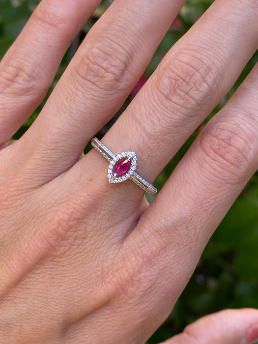 18k white gold ruby diamond marquise ring size 6.75
