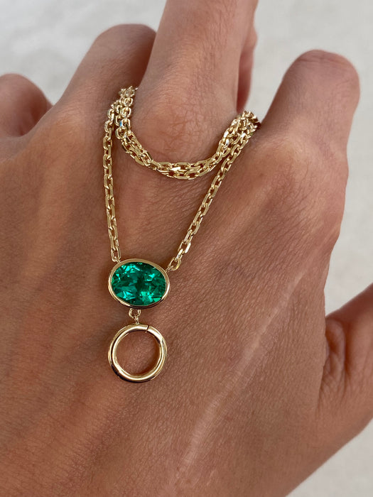 14K Mini Biker Link Necklace with Lab Emerald and Charm Connector
