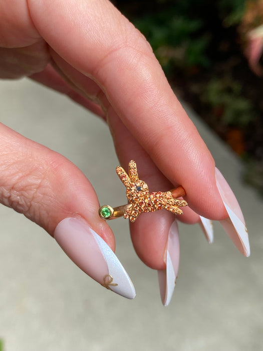 Vintage 18K Gold Orange Sapphire Rabbit Ring with Black Diamond Eye & Emerald Accent