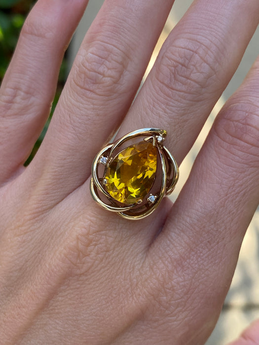Vintage 14K Gold Pear Citrine & Diamond Ring