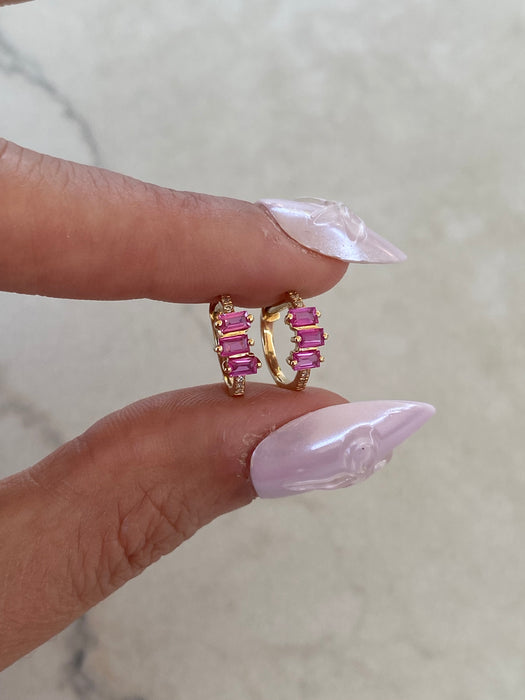 14K Natural Ruby & Diamond Baguette Huggies