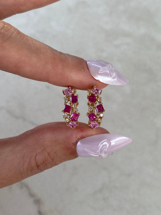 14K Gold Ruby & Pink Sapphire & Diamond Huggie Earrings