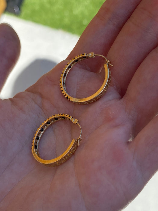 Vintage 14K Gold Blue Sapphire & Diamond Hoop Earrings
