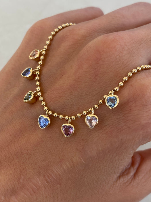 14K Gold Multi-Color Sapphire Heart Bead Bracelet