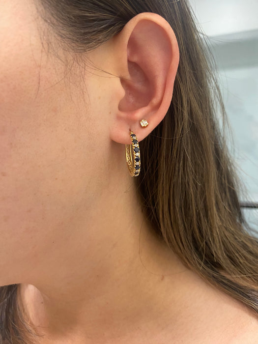 Vintage 14K Gold Blue Sapphire & Diamond Hoop Earrings