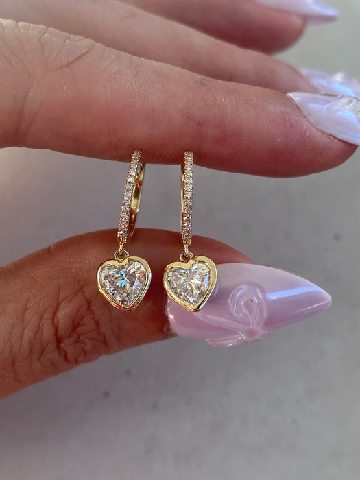14K 1.2 TCW Lab Diamond Bezel Heart Huggie Earrings