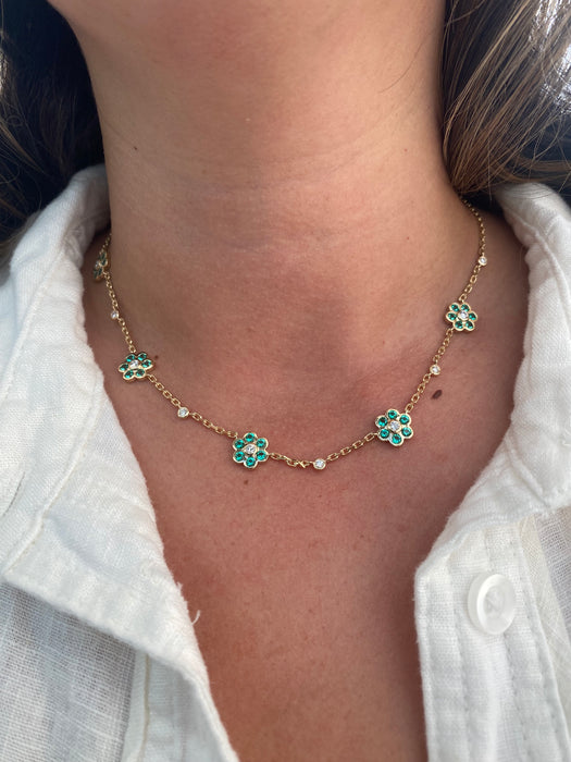 14K Gold Mariner Chain Necklace with Lab Emerald & Diamond Flower Stations