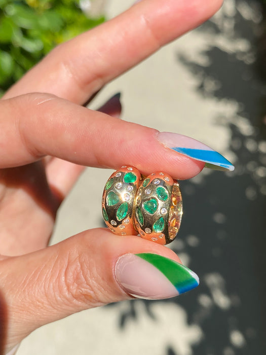 14k emerald fancy diamond heart hoop earrings